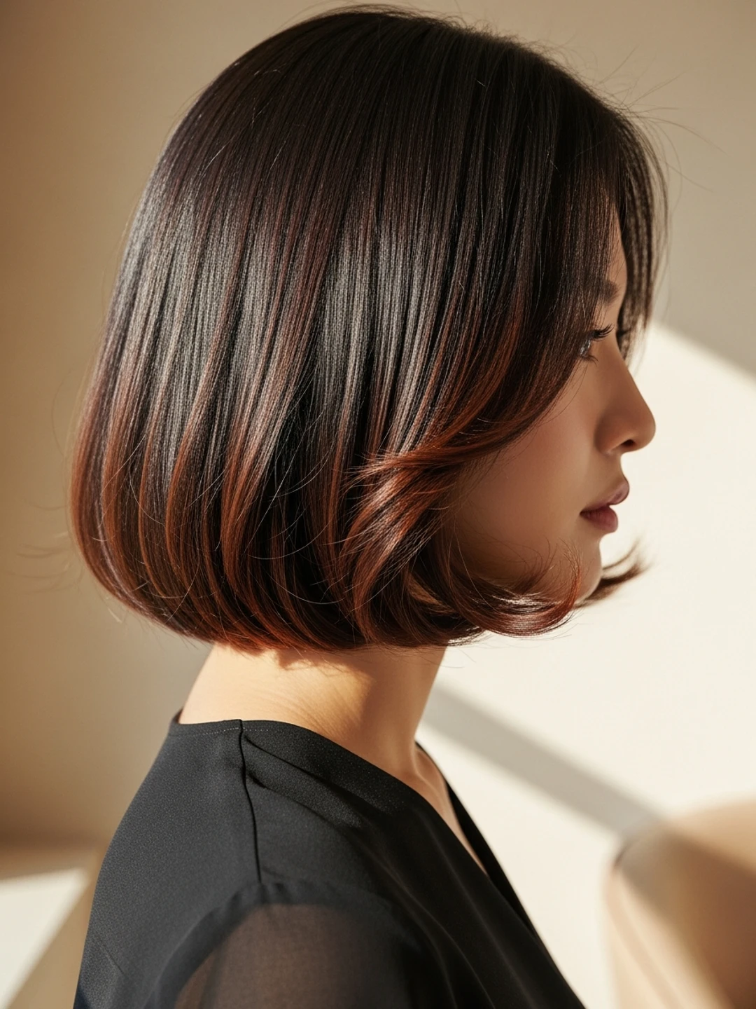 단발 C컬 시술 예시 — 턱선에서 안으로 말리는 선